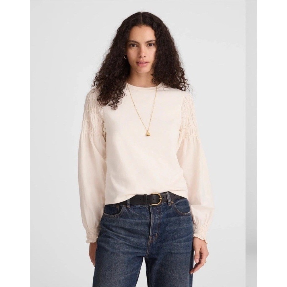 NWT Madewell Smocked Long-Sleeve Top Soft Slub Vintage Ivory Large